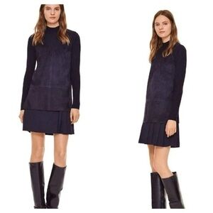 Tory Burch Navy Molly Leather Wool Ribbed Mockneck Sweater Size XS